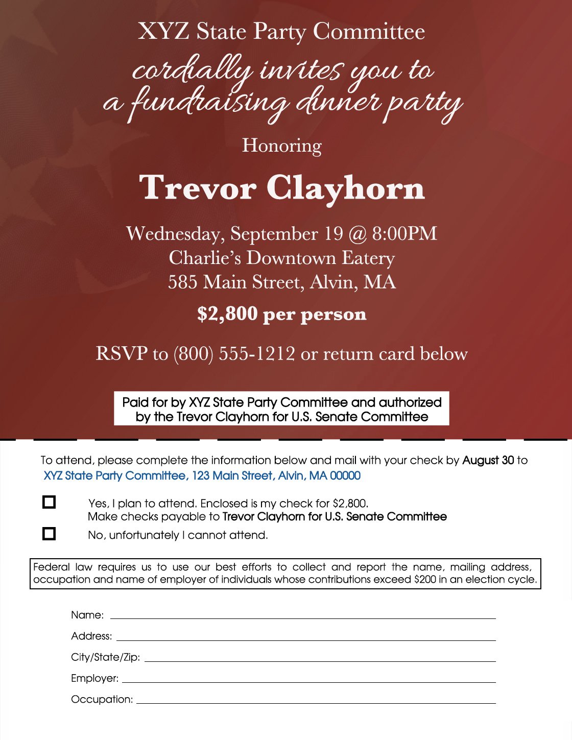 Image of a disclaimer example of a state party committee's invitation for fundraising dinner for a federal candidate