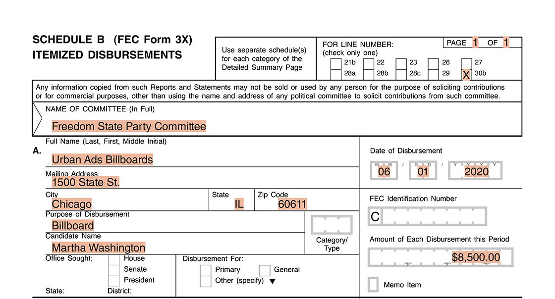 Image of reporting example for a party's non-allocated FEA 01 on the Form 3X Schedule B